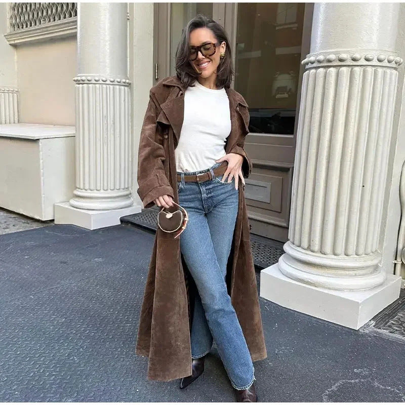 Double Breasted Lapel Shift Coat with Belt Fashion Vintage Suede Long Coat Winter Outwear Women'S Clothing