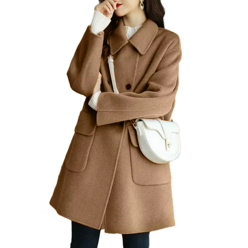 2024 Women Woolen Coat Loose Casual Retro Double-Sided Jacket Office Lady Outerwear Thickened Warm Overcoat Mid-Length Jackets