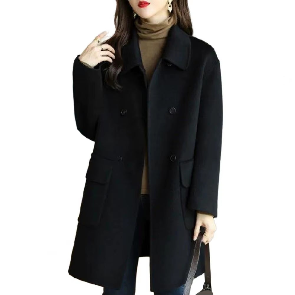 2024 Women Woolen Coat Loose Casual Retro Double-Sided Jacket Office Lady Outerwear Thickened Warm Overcoat Mid-Length Jackets