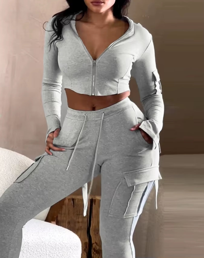Elegant 2-Piece Sets for Women Autumn/Winter New Zipper Design Exposed Navel Hooded Sweatshirt Drawstring Pocket Work Pants Set
