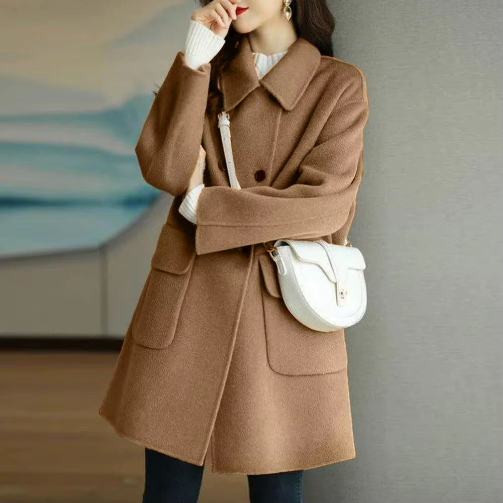 2024 Women Woolen Coat Loose Casual Retro Double-Sided Jacket Office Lady Outerwear Thickened Warm Overcoat Mid-Length Jackets
