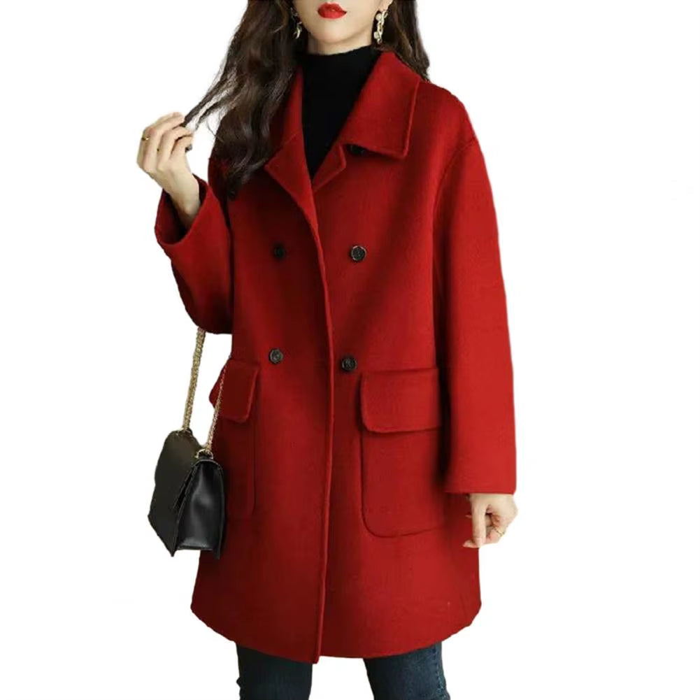 2024 Women Woolen Coat Loose Casual Retro Double-Sided Jacket Office Lady Outerwear Thickened Warm Overcoat Mid-Length Jackets