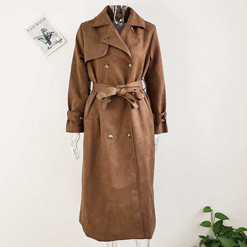 Double Breasted Lapel Shift Coat with Belt Fashion Vintage Suede Long Coat Winter Outwear Women'S Clothing