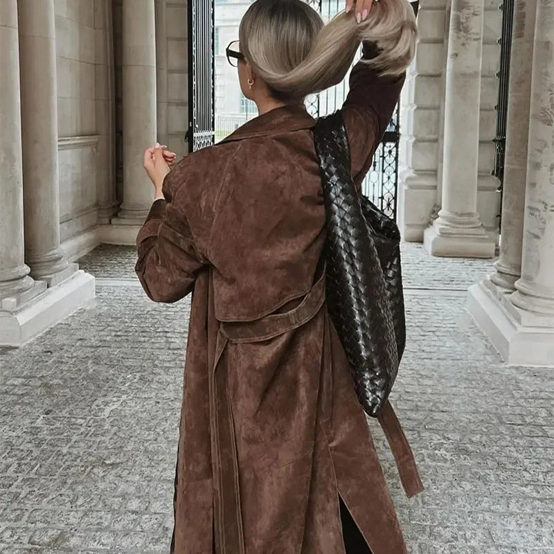 Double Breasted Lapel Shift Coat with Belt Fashion Vintage Suede Long Coat Winter Outwear Women'S Clothing