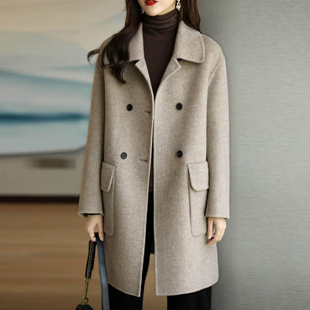 2024 Women Woolen Coat Loose Casual Retro Double-Sided Jacket Office Lady Outerwear Thickened Warm Overcoat Mid-Length Jackets